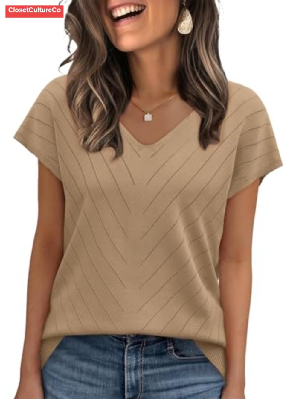 Womens Short Sleeve V Neck Sweater Lightweight Knit Pullover Business Casual